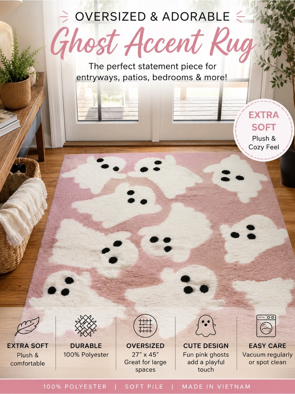 Ghost Accent Pink Door Mat - Plush Ghost Pattern
